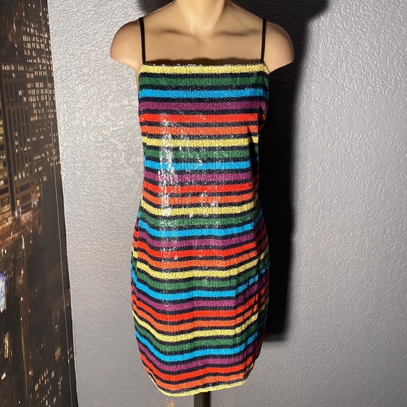 WAYF - NWT - dress: 🌈 striped sequin overlay mini w adj. straps, blk lining - L - Picture 2 of 16
